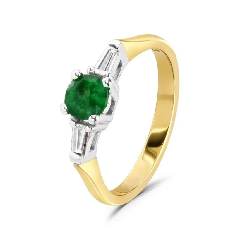 Ladies rugged leather rings -18ct Yellow Gold Round Cut Emerald & Trapezoid Cut Diamond Trilogy Ring