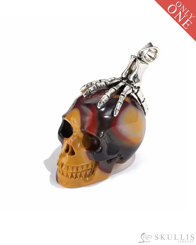 linked chain necklaces for women -Gem Skull Pendant Necklace of Mookaite Jasper Carved Skull with Skeleton Hand in 925 Sterling Silver - 0506514