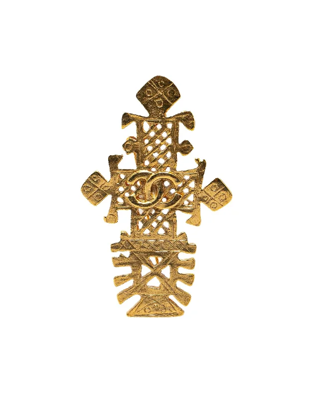 double gem brooch for women -Gold Plated Cross Brooch with CC Design