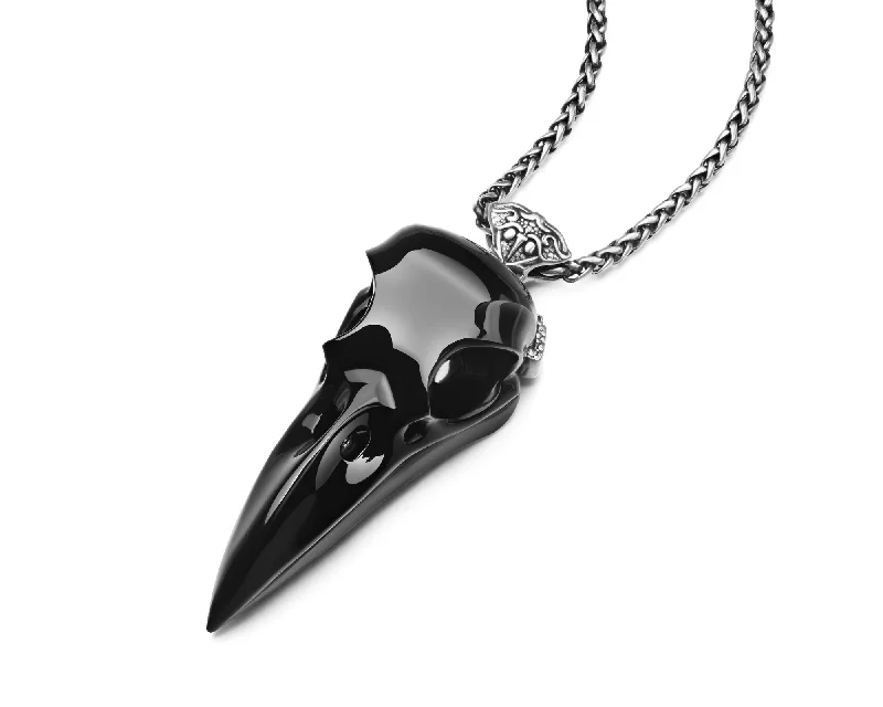 ladies rose gold necklaces hearts -Gem Raven Skull Pendant Necklace of Black Obsidian Carved Raven Skull with Silver Sword Necklace