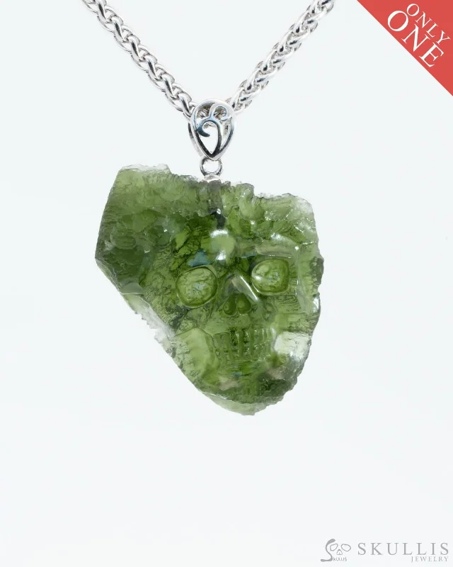 lace design necklaces for women -Rare Gem Skull Pendant Necklace of Moldavite Crystal Carved Skull, 925 Sterling Silver - 0500031