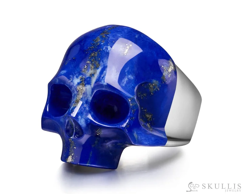 Ladies light eternity rings -Skullis Signature Lapis Lazuli Gem Skull Ring, Hand Carved, Sterling Silver, for Women & Men