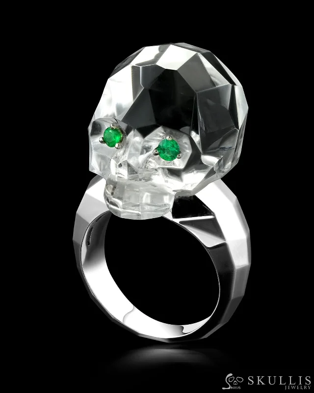 Ladies dramatic bold rings -Gem Skull Ring of Faceted Quartz Rock Crystal Carved Skull with Tsavorite Eyes in 925 Sterling Silver