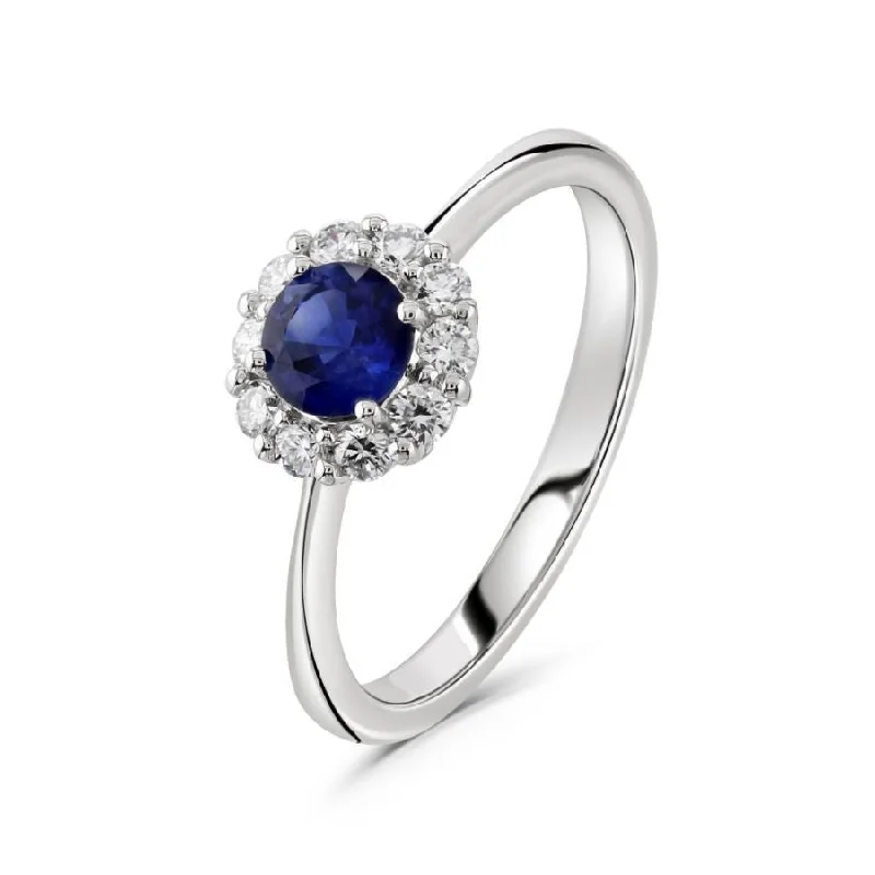 Ladies shore wave rings -18ct White Gold Round Cut Sapphire & Diamond Halo Cluster Ring