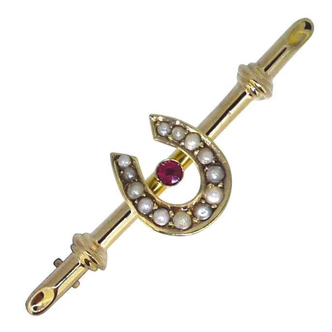 bar accent brooch for women -Pearl Horse Shoe & Ruby Brooch