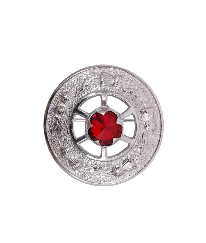 bar accent brooch for women -Miniature Thistle Design and Red Stone Brooch - Chrome Finish