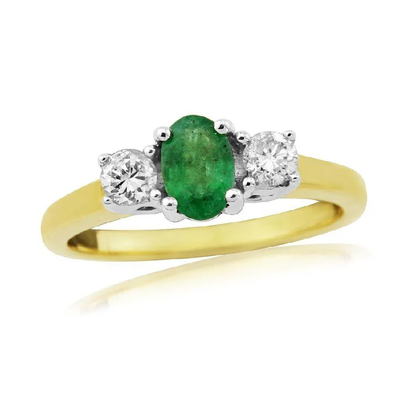 Ladies 22K gold luster rings -9ct Yellow Gold Oval Cut Emerald & Round Brilliant Cut Diamond Trilogy Ring