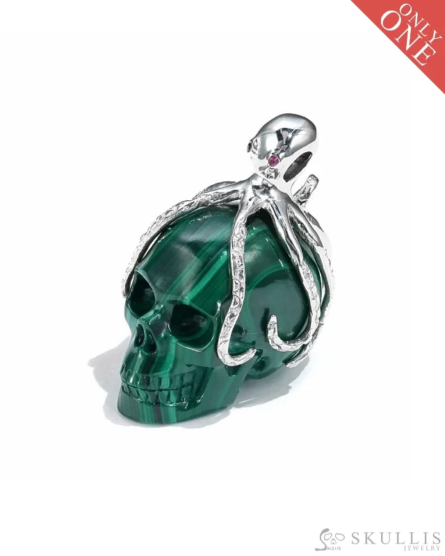 wave pattern necklaces for women -Gem Skull Pendant Necklace of Malachite Carved Skull with Ruby Eyes Octopus in 925 Sterling Silver - 9500018