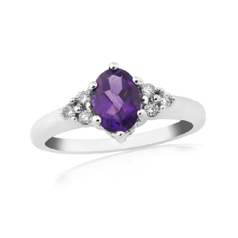 Ladies clear glass rings -9ct White Gold Oval Cut Amethyst & Diamond Trefoil Ring