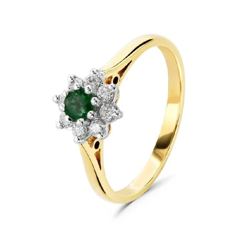 Ladies quiet gleam rings -18ct Yellow Gold Round Cut Emerald & Diamond Cluster Ring