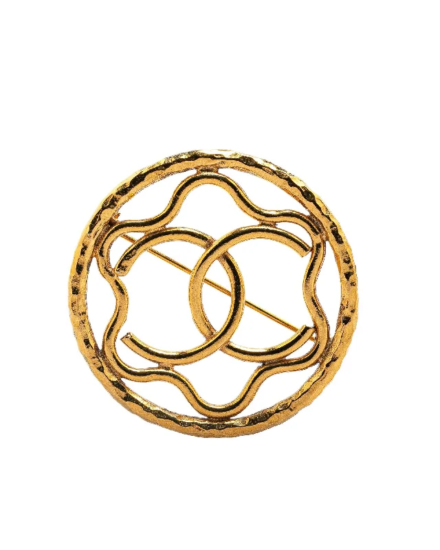 ladies rose gold brooch round stones -Gold Plated Flower Brooch with Back Pin Closure