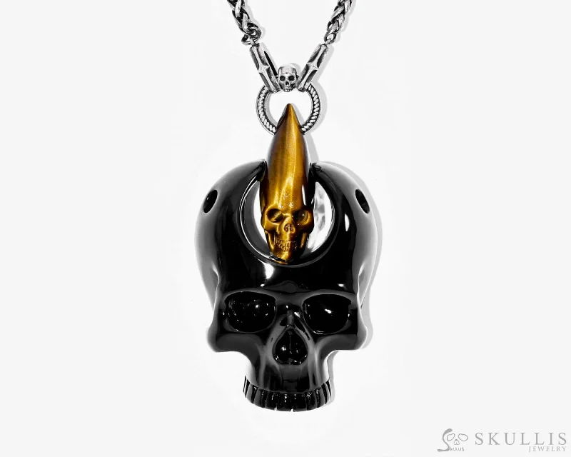 floral texture necklaces for women -Gem Skull Pendant Necklace of Black Obsidian & Gold Tiger Eye Carved