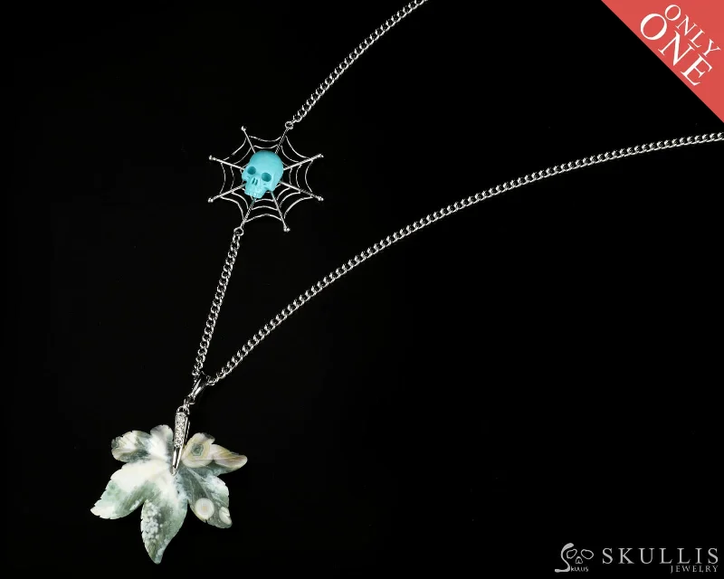 ladies gold necklaces rabbit pendants -Gem Skull Pendant Necklace of American Turquoise Carved Skull with Ocean Jasper Leaf, Sterling Silver Chain - 0812947