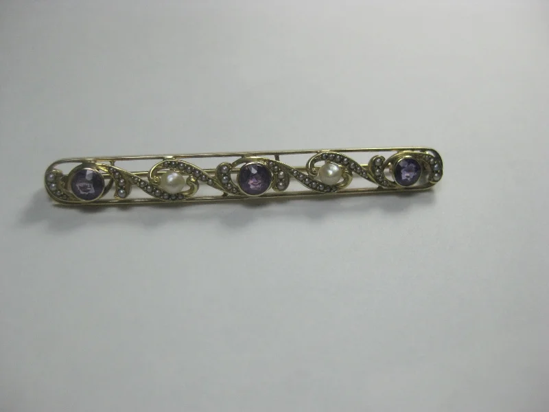 ladies gold brooch bird motifs -14kt Edwardian Amethyst Pearl Bar Brooch Brooch, .45 TCW,  Early 1900's