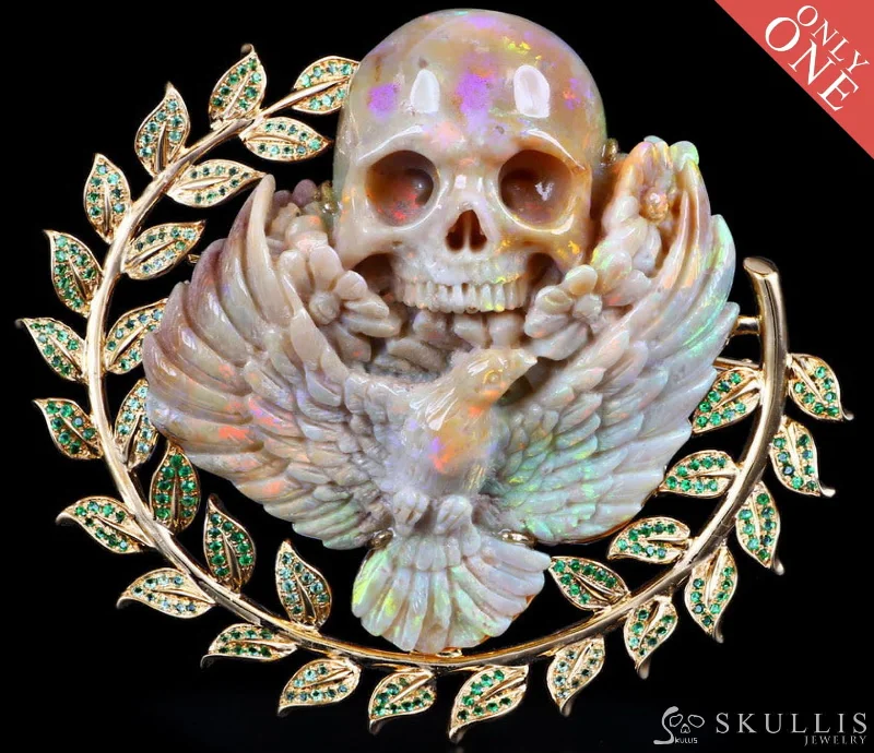 ladies brooch gemstone accents -Gem Skull Brooch of Australian Opal Carved Skull with Dove & Flowers in 18K Gold inlaid Tsavorite - IW0000627