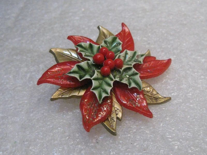 ladies formal brooch evening wear -Vintage Poinsettia Christmas Brooch, Layered, 1960's, 2" Spins, Red, Green, Gold