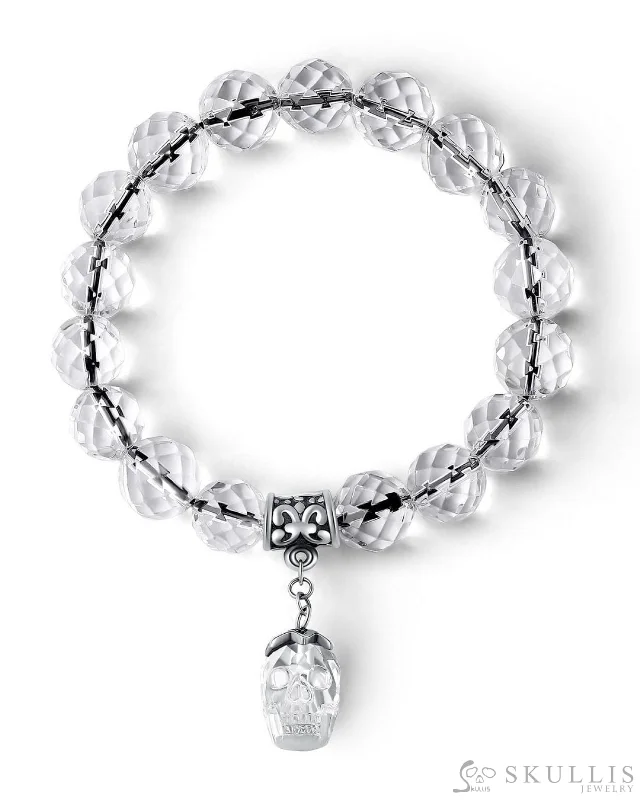 ladies gold bracelets arrow design -Gem Skull Bracelet of Quartz Rock Crystal Carved Skull &  Facet Beads