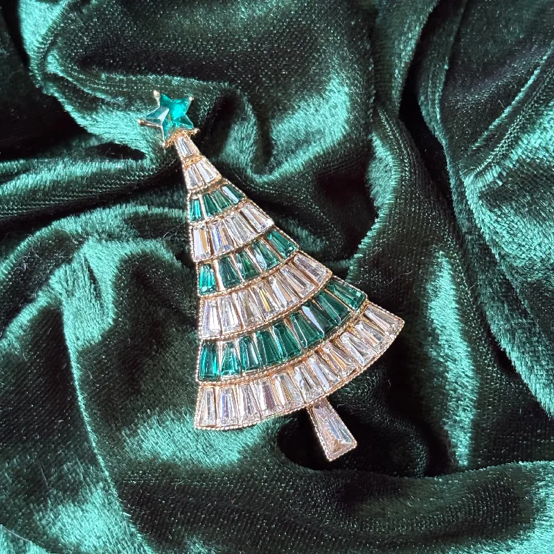 gold starburst brooch for women -Art deco Style Green Christmas tree brooch