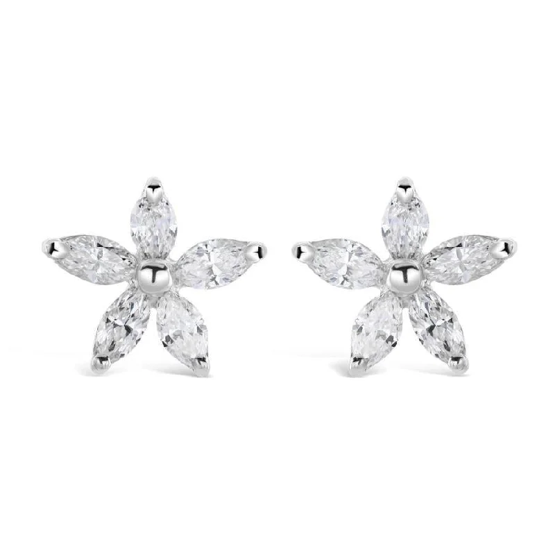 18ct White Gold Marquise Cut Diamond Flower Stud Earrings