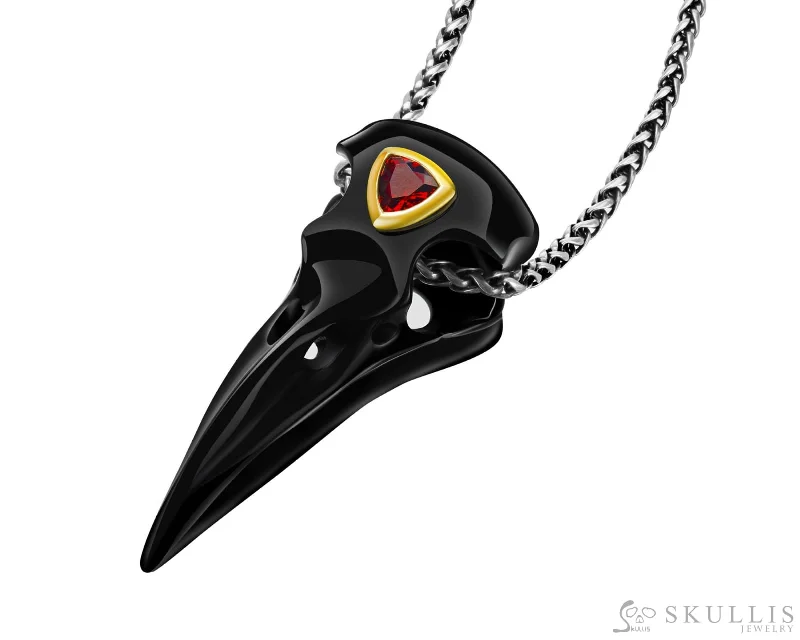 ladies party necklaces gold finish -Gem Raven Skull Pendant Necklace of Black Obsidian Carved Raven with Garnet Eye in 925 Sterling Silver