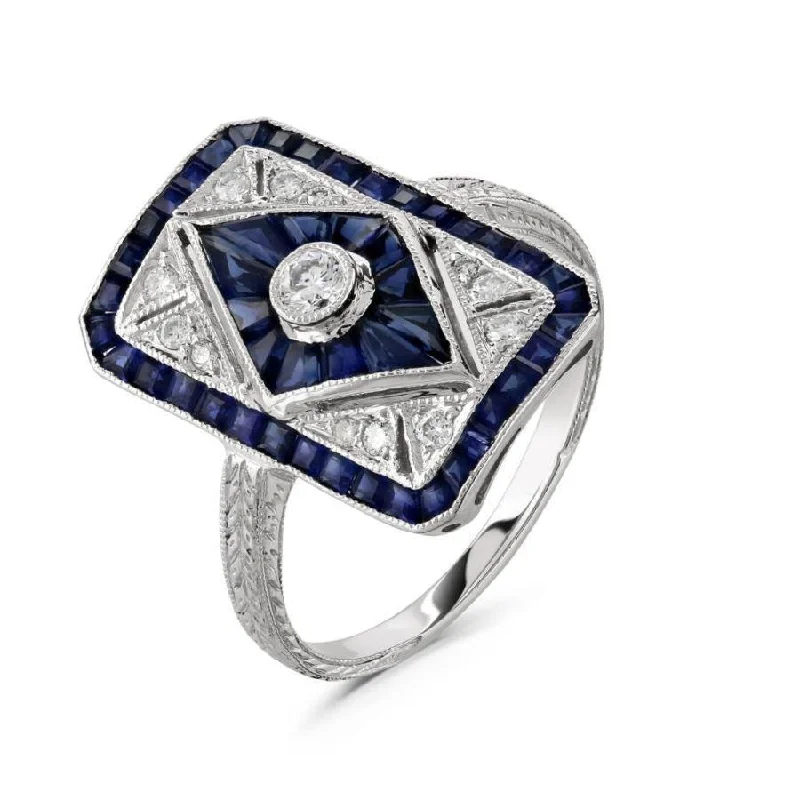 Ladies crystal dazzle rings -18ct White Gold Art Deco Style Sapphire & Diamond Ring