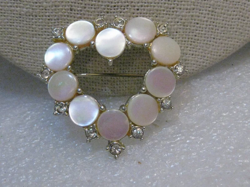 silver moon brooch for women -Vintage Mother-of-Pearl Heart Brooch w/Rhinestones, Pink, 1.5", Silver Tone, 1960's