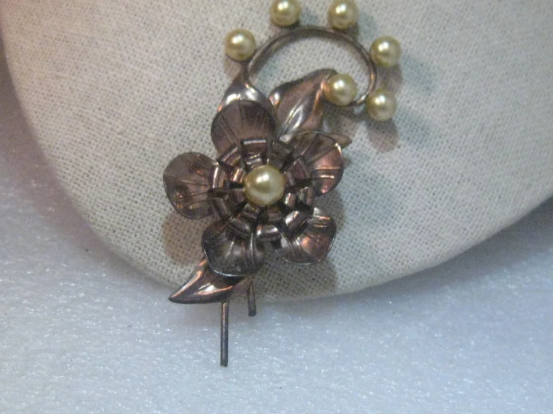 ladies gold brooch fish motifs -Vintage  Copper of Sterling Floral 1940's Brooch, faux pearls, 3.25