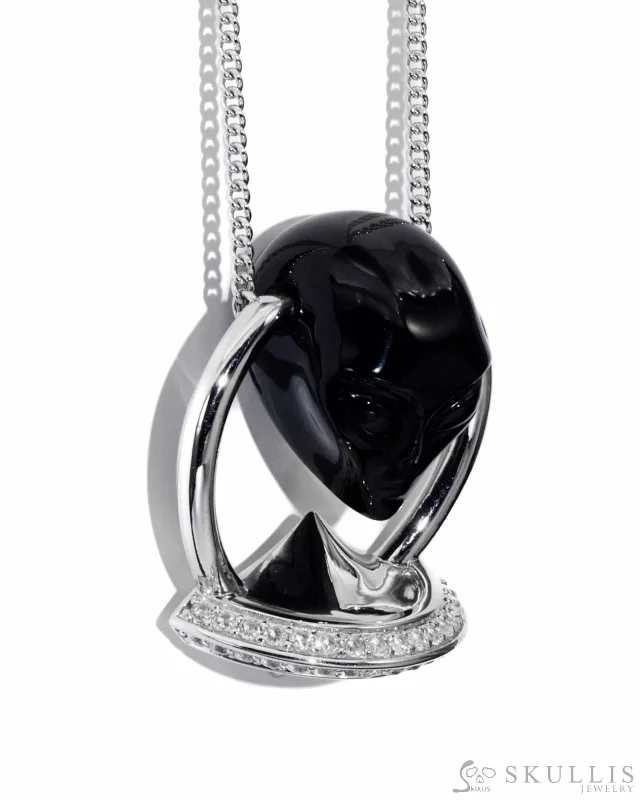 abstract shape necklaces for women -Gem Skull Pendant Necklace of Black Obsidian Carved Alien in 925 Silver UFO