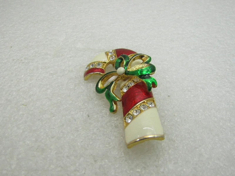 ladies gold brooch bear motifs -Vintage Christmas Enameled Rhinestone Candy Cane Brooch