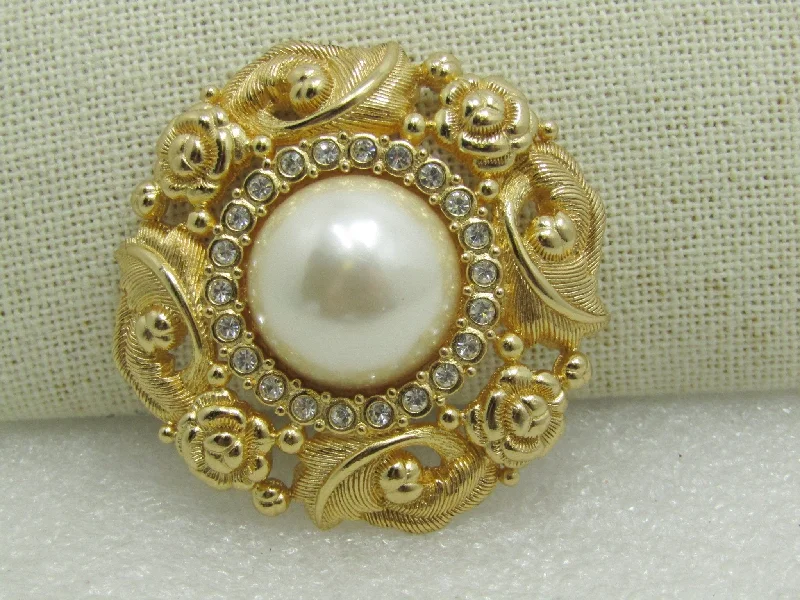 ladies rose gold brooch flowers -Burberrys  Faux Pearl & Crystal Brooch, Victorian Themed, Gold Tone, 1.75",