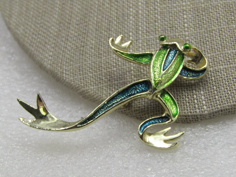 ladies gold brooch intricate patterns -Vintage Green Enameled Frog Brooch, Gerry's, 1960's