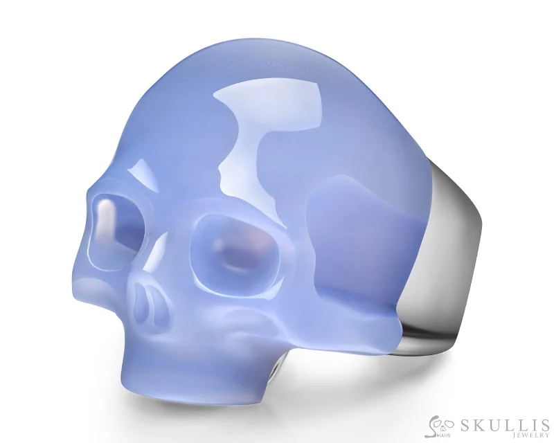 Ladies pixie glow rings -Skullis Signature Blue Chalcedony Gem Skull Ring, Hand Carved, Sterling Silver, for Women & Men