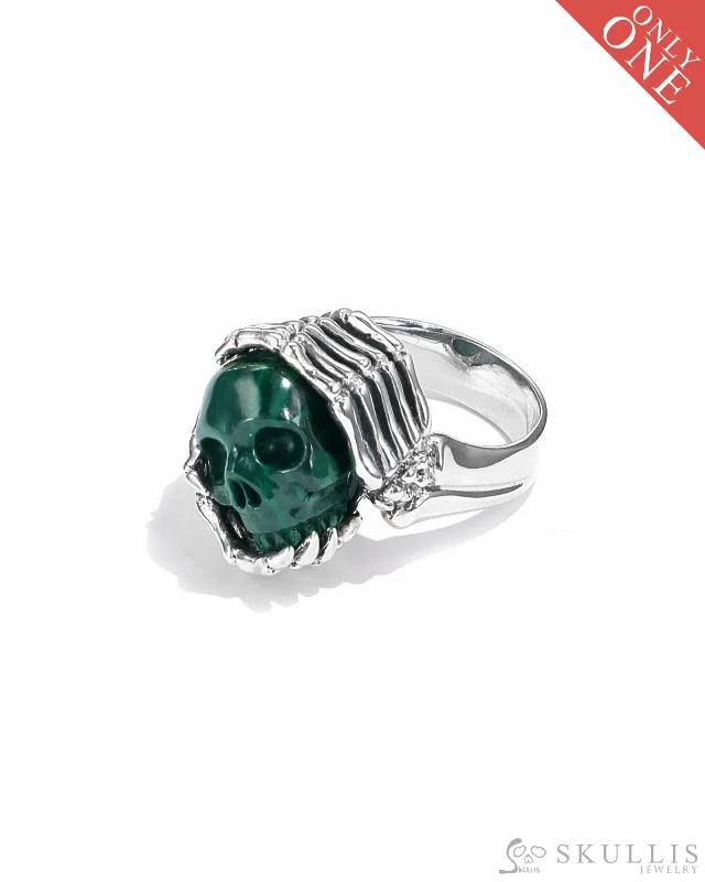 Ladies leafy charm rings -Gem Skull Ring of Malachite Carved Skull with Skeletal Hands in 925 Sterling Silver, US Size 12 - 0506413