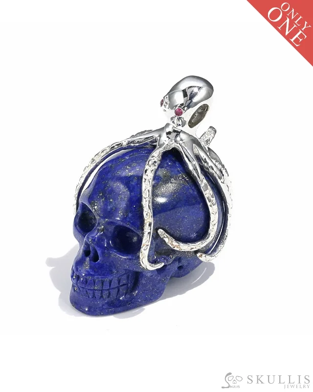 ladies gold necklaces horse pendants -Gem Skull Pendant Necklace of Lapis Lazuli Carved Skull with Ruby Eyes Octopus in 925 Sterling Silver - 9500019