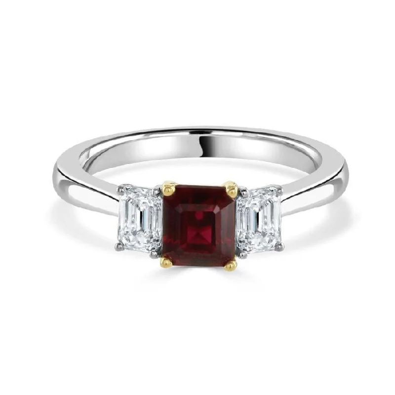 Ladies ruby glow rings -18ct Yellow & White Gold Octagonal Cut Ruby & Diamond Trilogy Ring