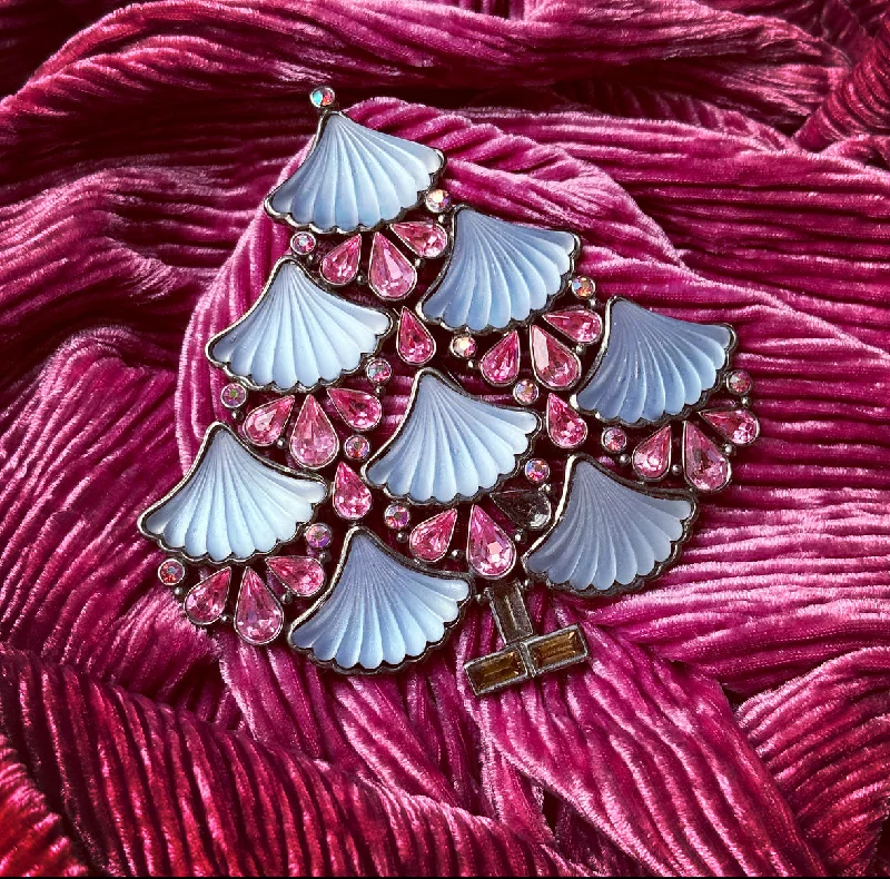 floral accent brooch for women -Cristobal Large Christmas Tree Brooch In pale blue and pink