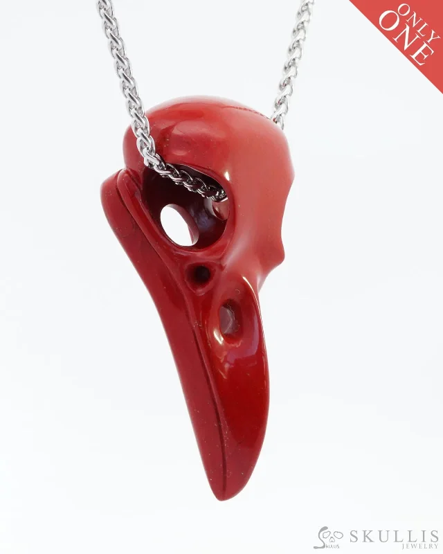 ladies silver necklaces tourmaline stones -Gem Raven Skull Pendant Necklace of Red Jasper Carved Raven Skull - 9800140