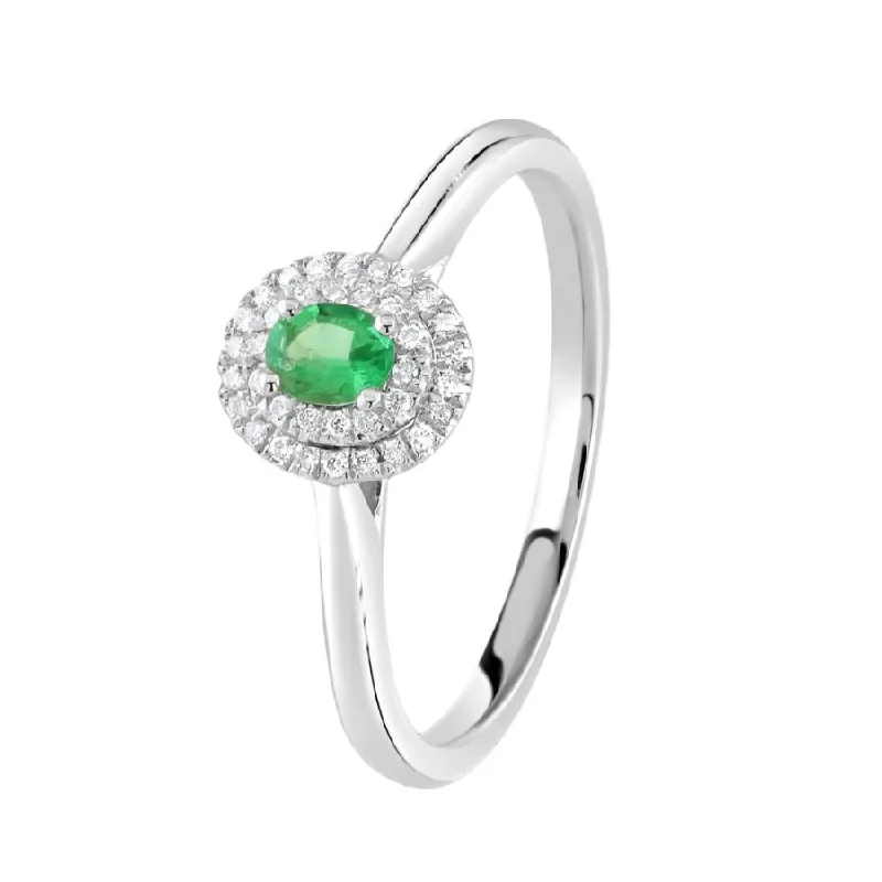 Ladies flame shine rings -Platinum Oval Cut Emerald & Diamond Double Halo Cluster Ring