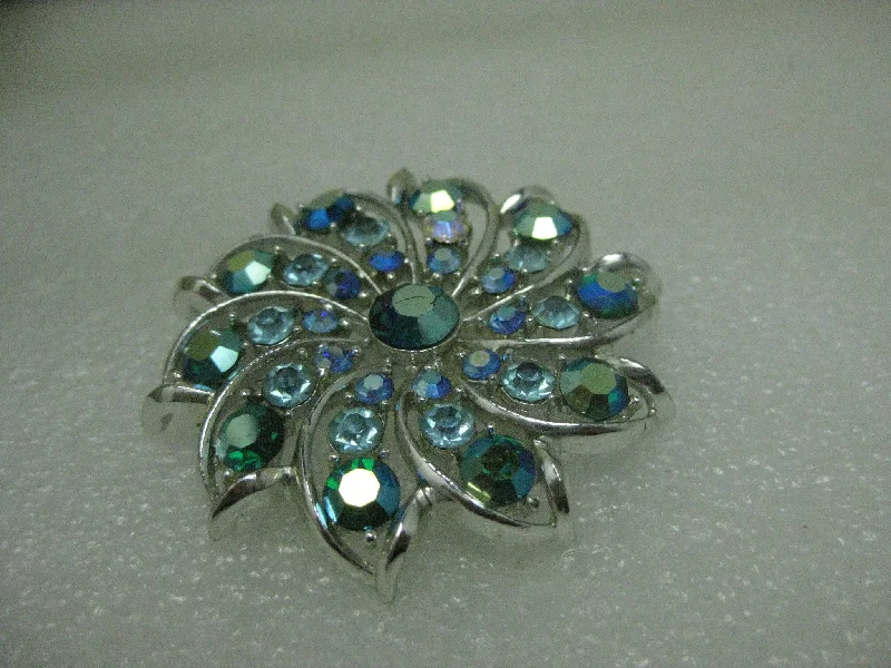 oxidized silver brooch for women -Vintage Silver Tone Spiral Rhinestone Brooch, Shades of Blue & Teal, 2", Mid-Century