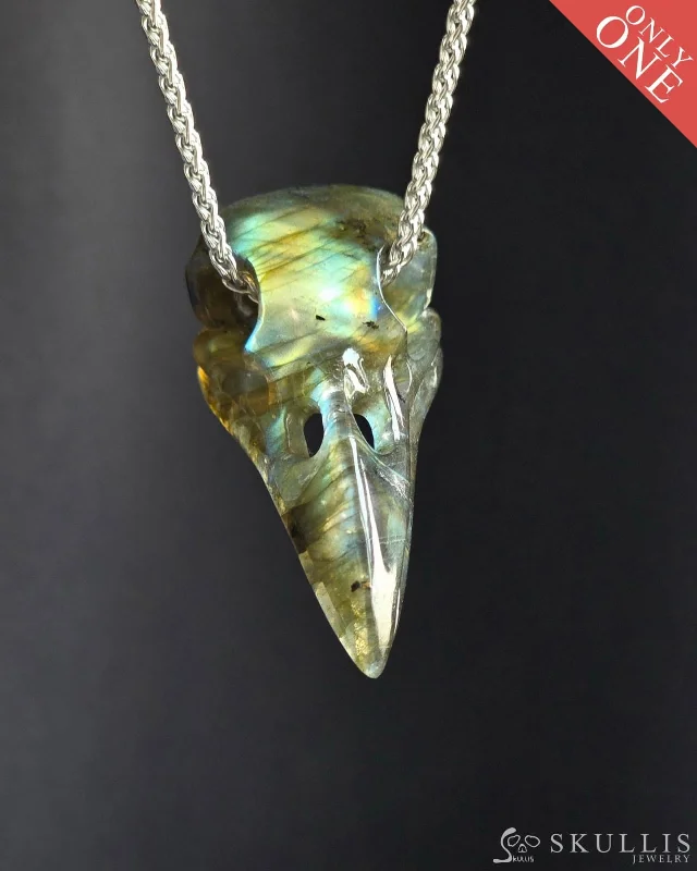 gold leaf design necklaces for women -Super Flash Gem Raven Skull Pendant Necklace of Labradorite Carved Raven Skull - 9500109