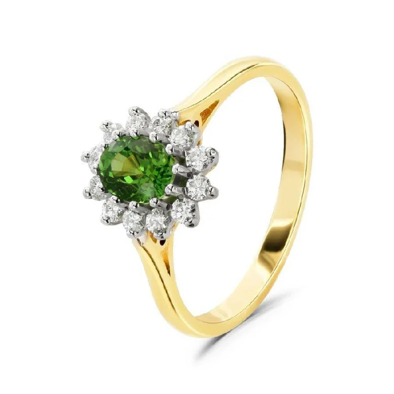 Ladies mute shine rings -18ct Yellow Gold Oval Cut Tsavorite & Round Brilliant Cut Diamond Cluster Ring