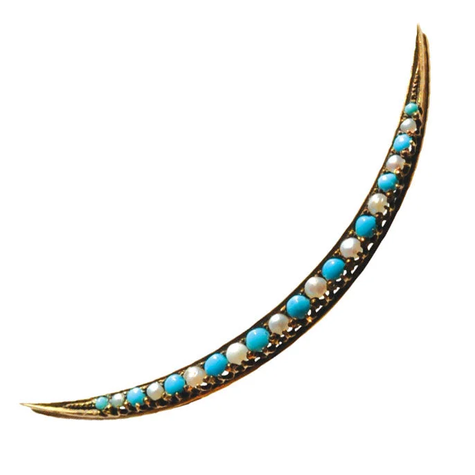 ladies brooch geometric cuts -Turquoise & Pearl Crescent Brooch