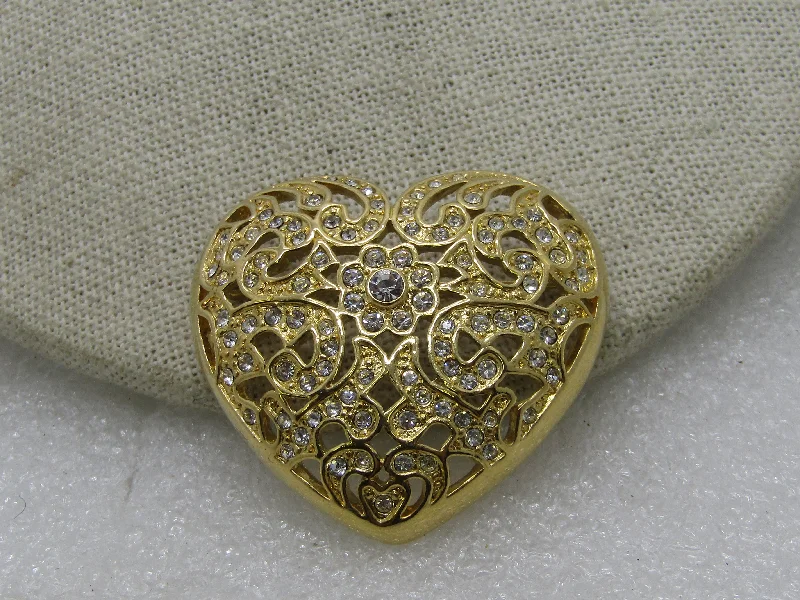 vintage engraved brooch for women -Vintage Napier Rhinestone Heart Brooch, Gold Tone, 1.75" 1980's-1990s