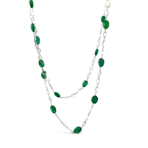 ladies necklaces geometric designs -Rose Cut Diamond & Emerald Bead Necklace