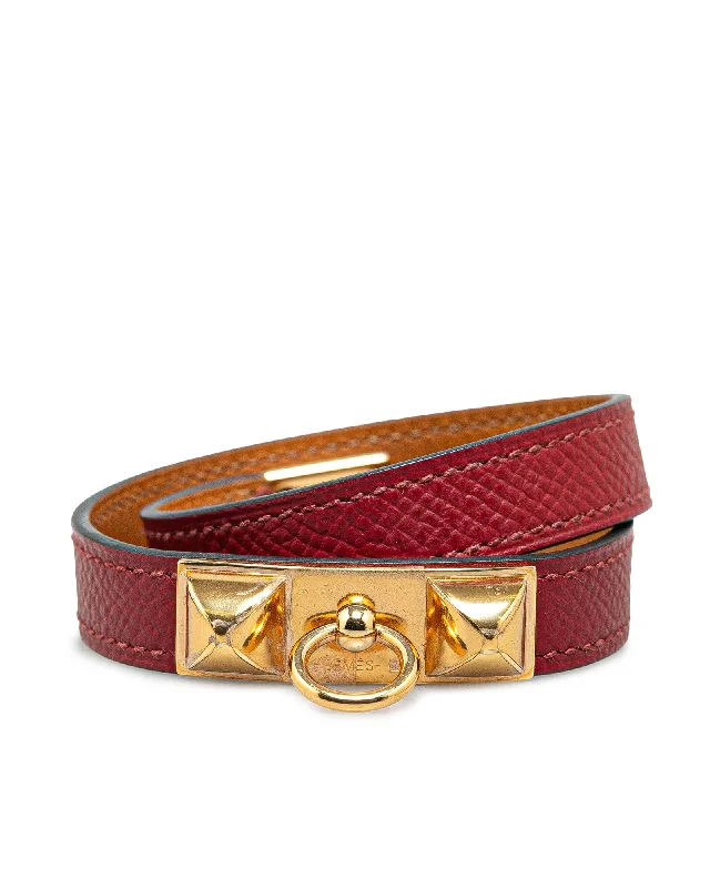 brushed gold bracelets for women -Epsom Leather Rivale Double Tour Bracelet with Gold-Plated Hardware