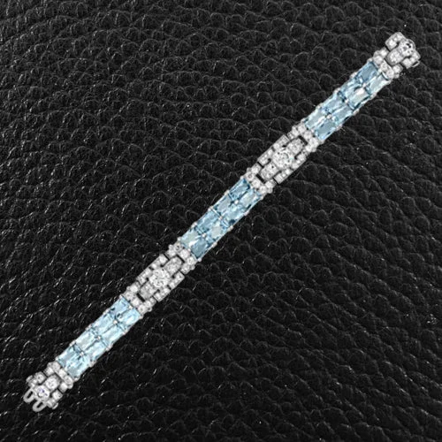 ladies gold bracelets lotus motifs -Aquamarine & Diamond Estate Bracelet