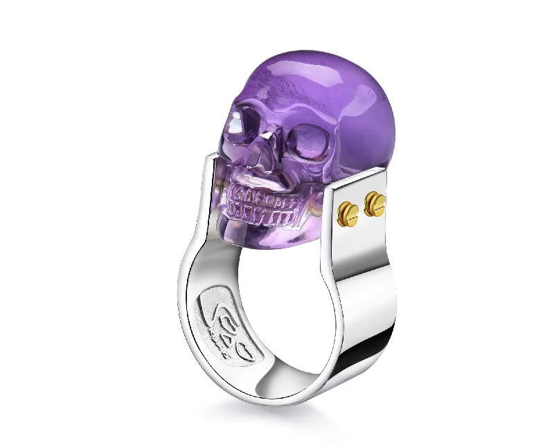 Ladies native tribal rings -Gem Skull Ring of Amethyst Carved Skull in 925 Sterling Silver