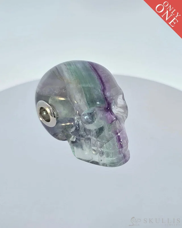 striped texture necklaces for women -Skullis Signature Fluorite Gem Skull Pendant or Necklace, Hand Carved, Sterling Silver 925 Chain, for Women & Men - 0506580