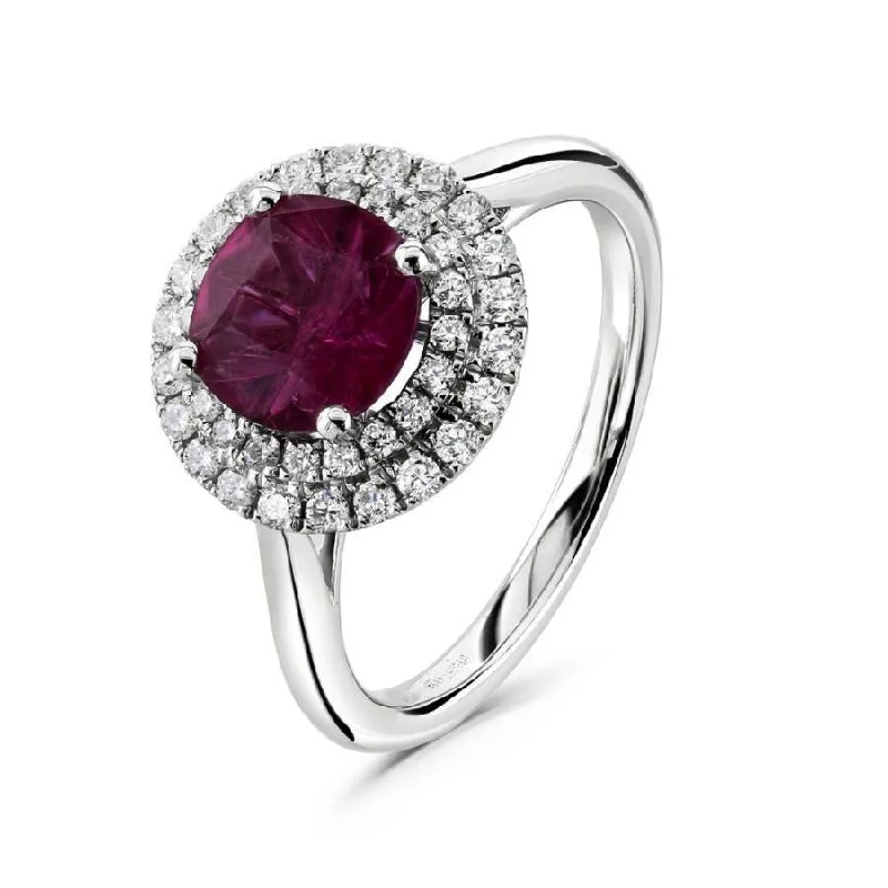 Ladies gentle charm rings -18ct White Gold Round Cut Rubellite & 2-Row Diamond Halo Cluster Ring