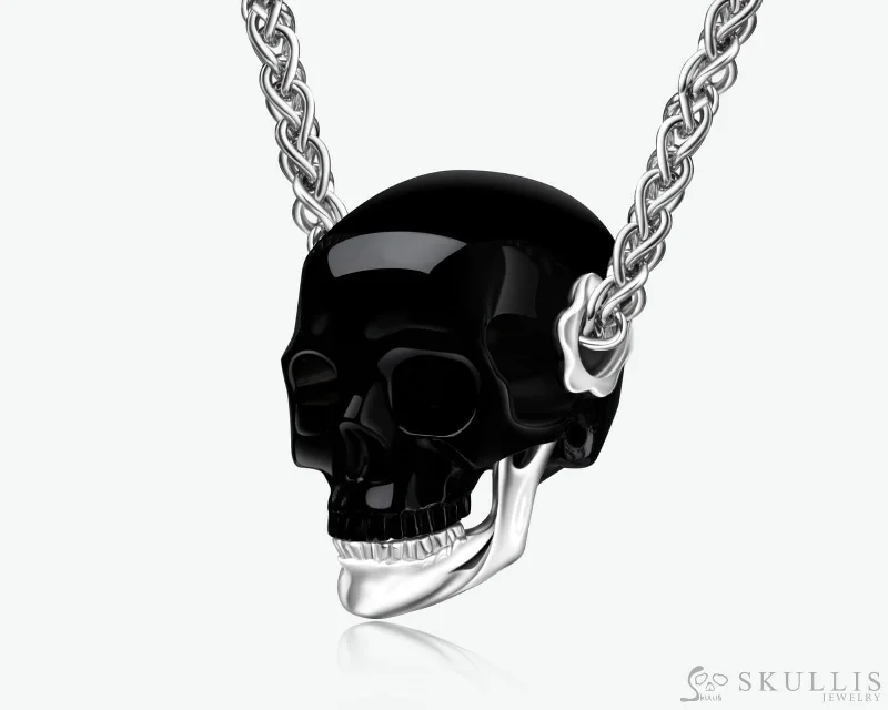 feather pendant necklaces for women -Gem Skull Pendant Necklace of Black Obsidian Carved Skull with Detachable Silver Jaw in 925 Sterling Silver